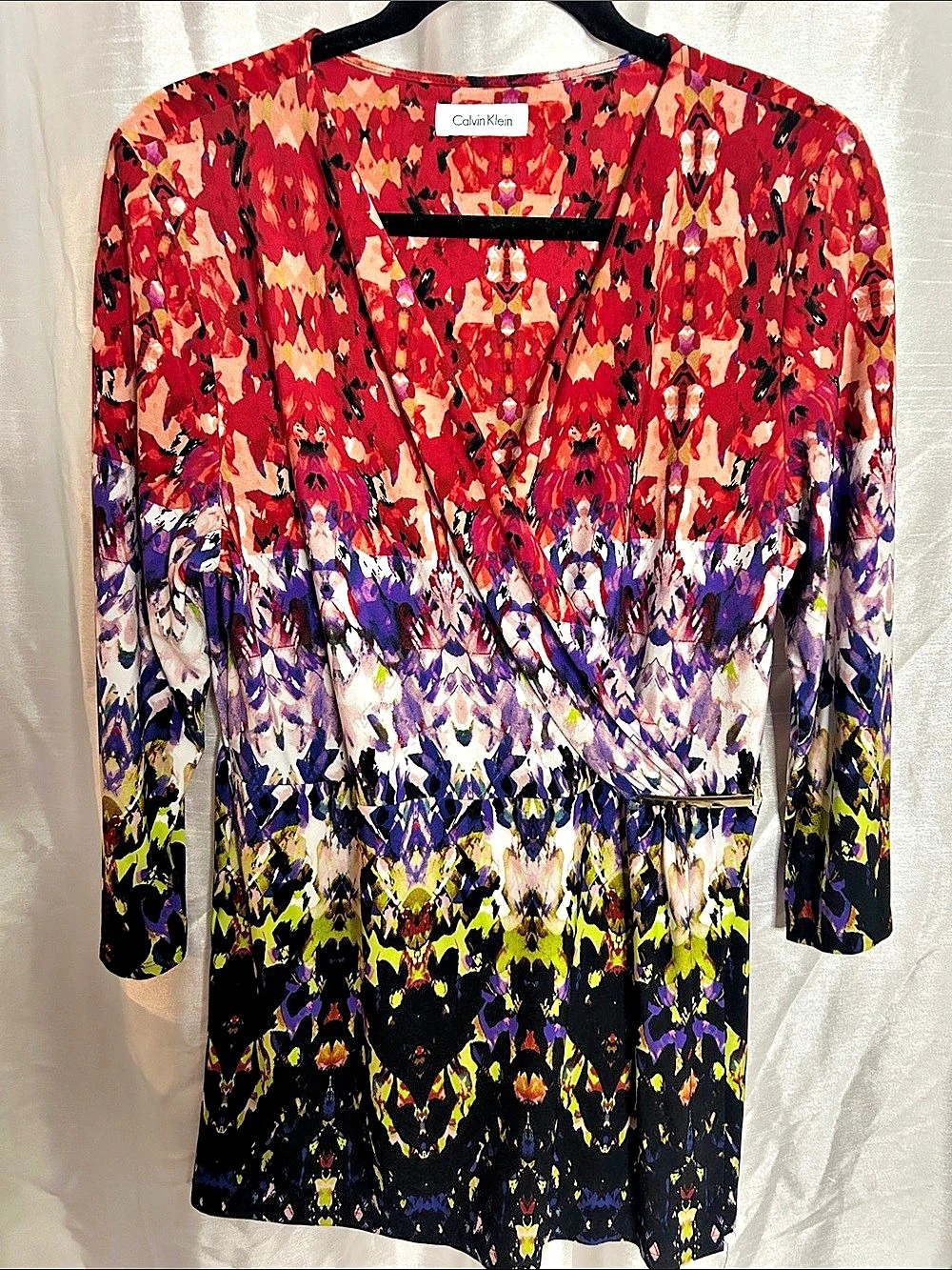 Calvin Klein Multi Color Wrap Blouse with Gold Hardware